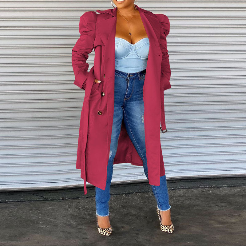 Solid Puff Sleeve Double Breasted Long Coat