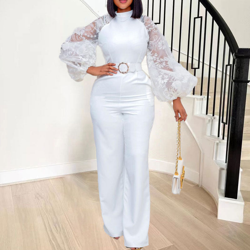 Floral Pattern Long Sleeve Sheer Mesh Wide Leg Jumpsuit With Belt