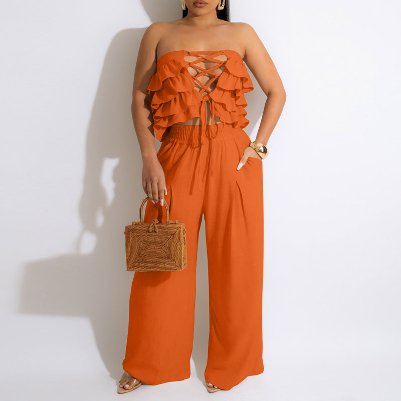 Solid Off Shoulder Lace Up Tube Top & Wide Leg Pants Set