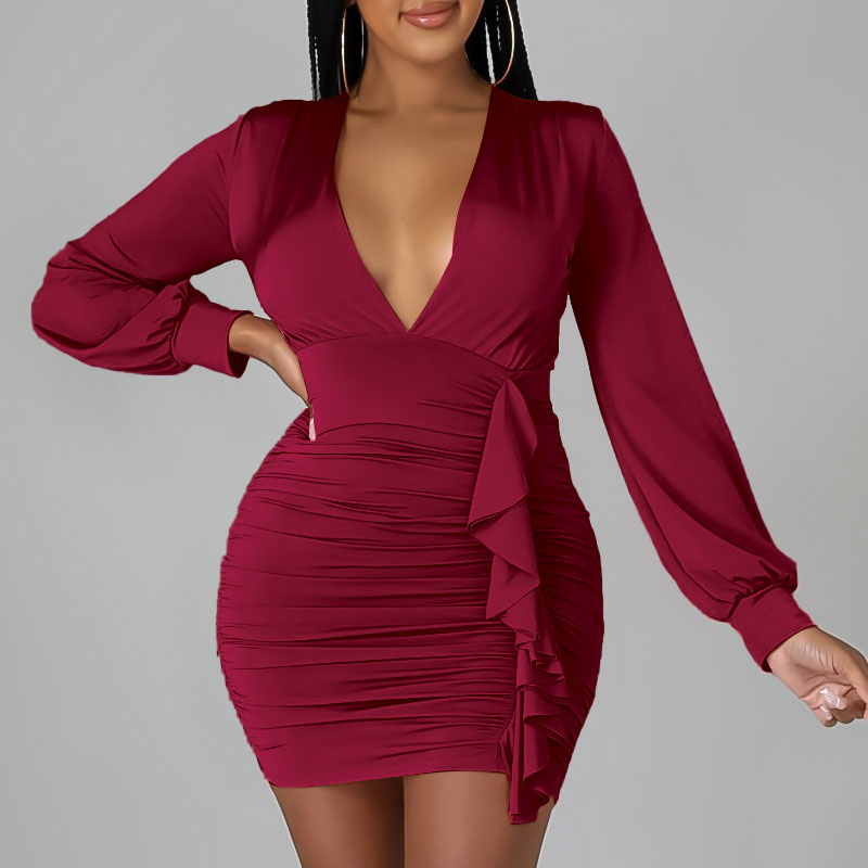 Solid Deep V-Neck Long Sleeve Ruffle Design Ruched Bodycon Dress