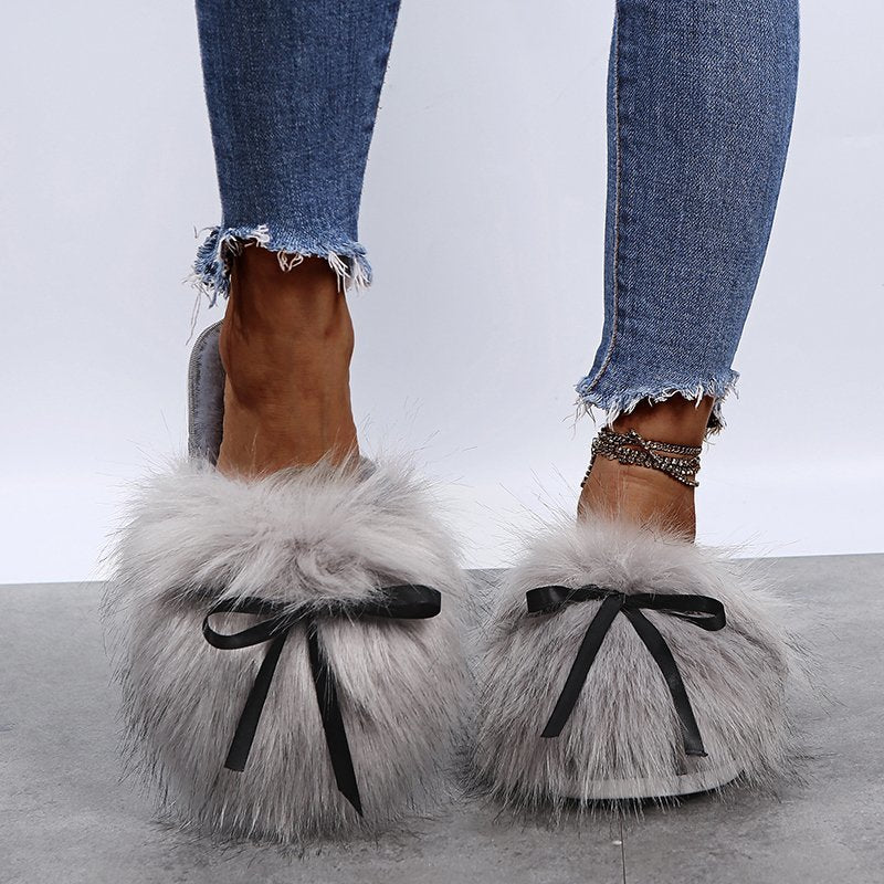 Solid Bowknot Decoration Fluffy Sandals