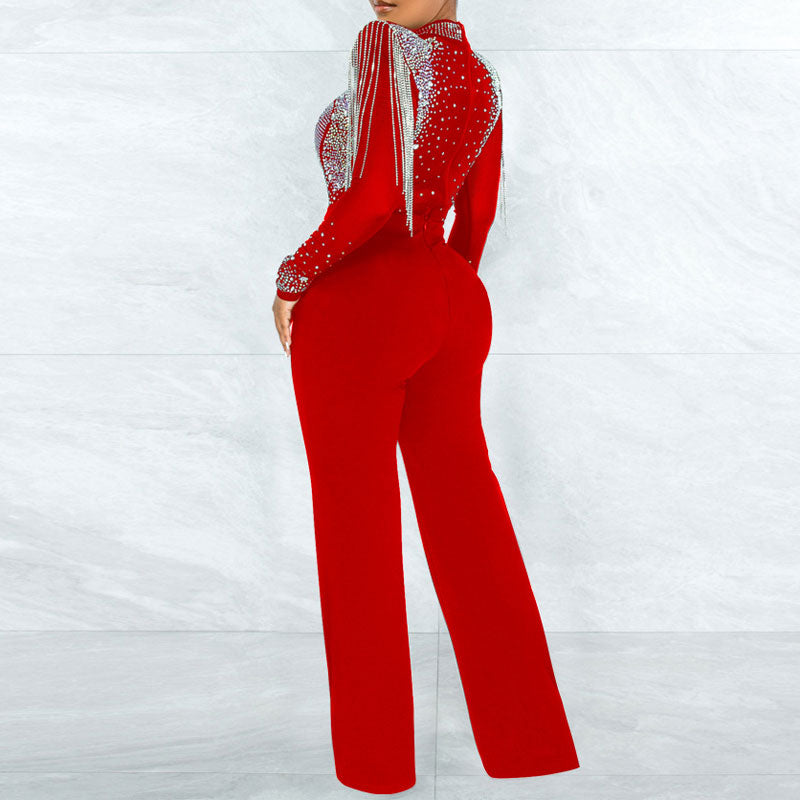 Rhinestone Tassel Design Long Sleeve Sheer Mesh Jumpsuit