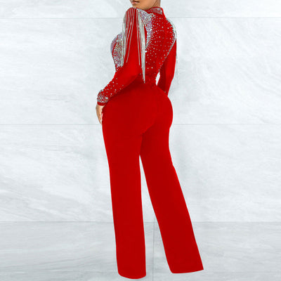 Rhinestone Tassel Design Long Sleeve Sheer Mesh Jumpsuit