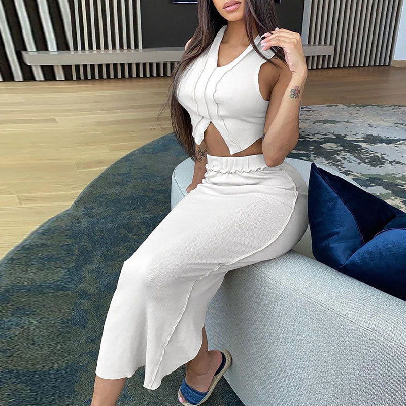 Solid Sleeveless Crop Top & Slit Skirt Set