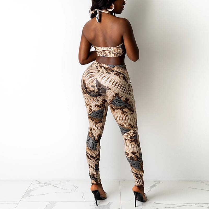 Print Halter Tube Top & Cut Out Pants Set