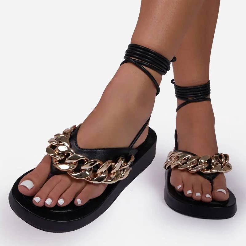 Chains Decoration Lace Up Flat Sandals