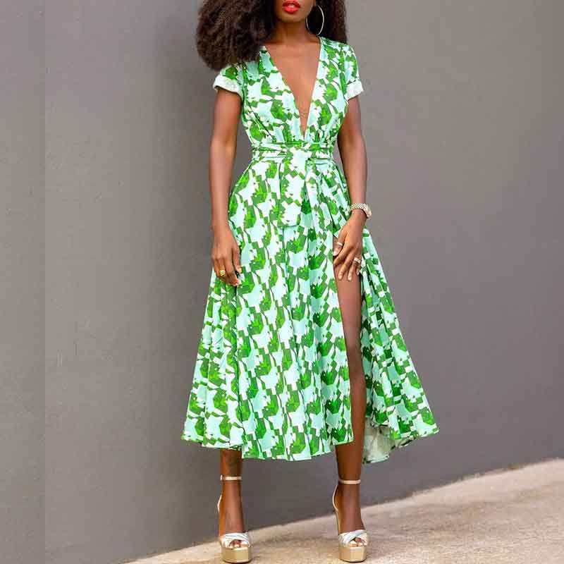 Print Deep V-Neck Short Sleeve High Slit Dress