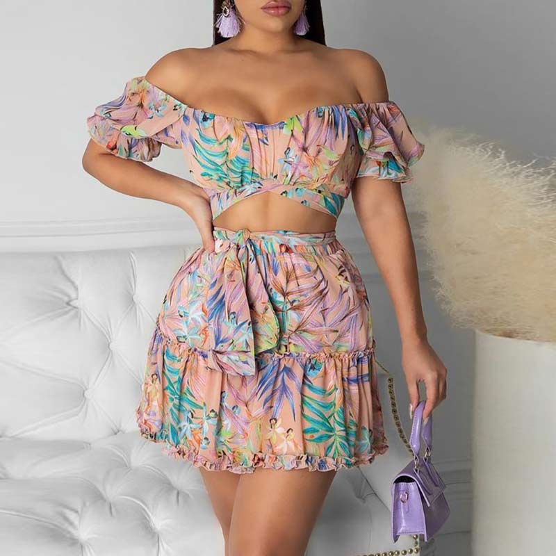 Print Off Shoulder Crop Top & Bowknot Skirt Set