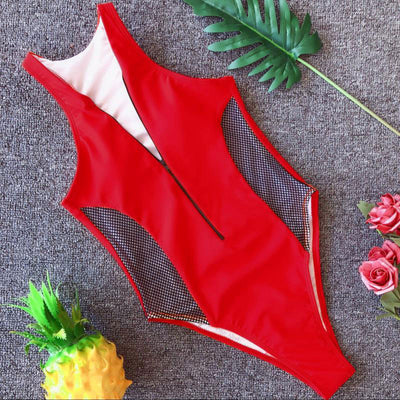 Solid Hollow Out Zipper Design One Piece Swimsuit