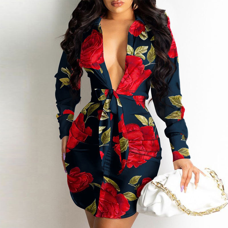 Floral Print Long Sleeve Knot Tie Shirt Dress