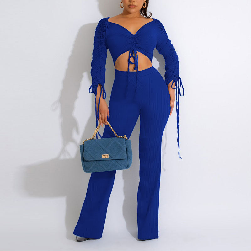 Solid V-Neck Long Sleeve Drawstring Crop Top & Pants Set