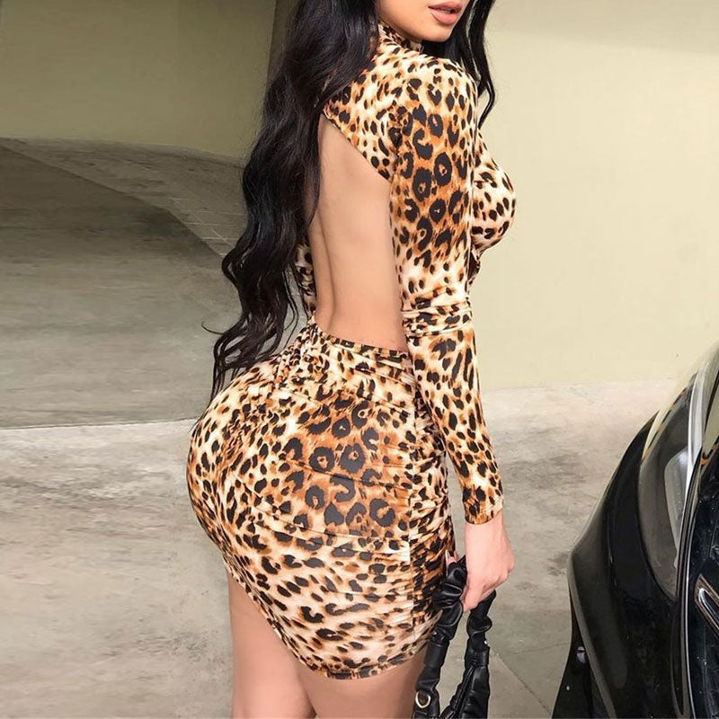 Leopard Print Long Sleeve Cut Out Backless Bodycon Dress