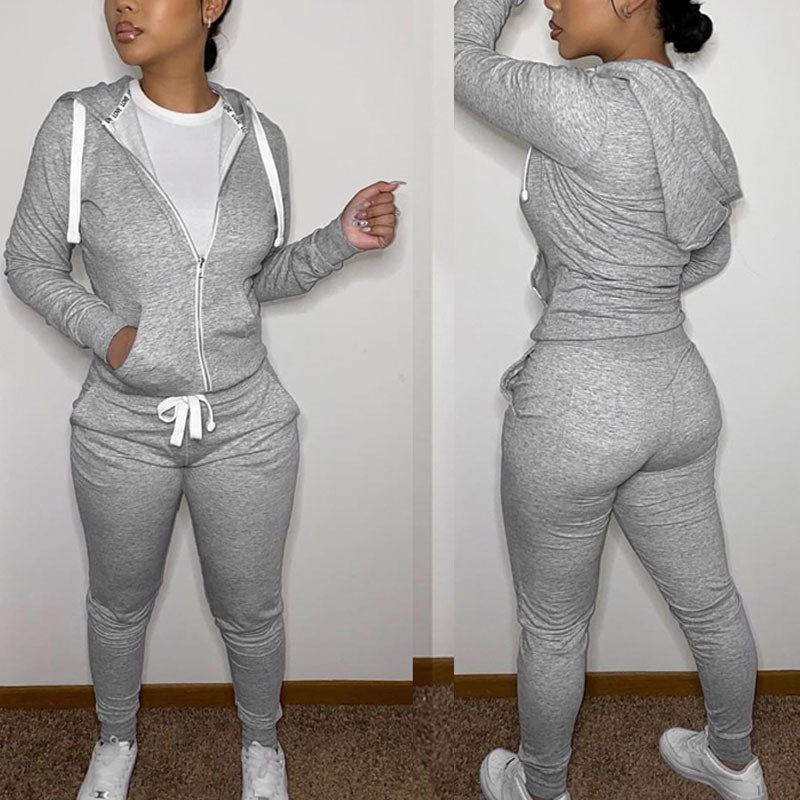 Solid Long Sleeve Hoodie Top & Pants Set