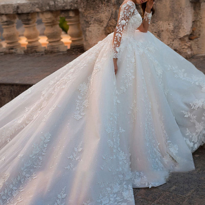 Floral Pattern V-Neck Sheer Mesh Train Lace Wedding Dress