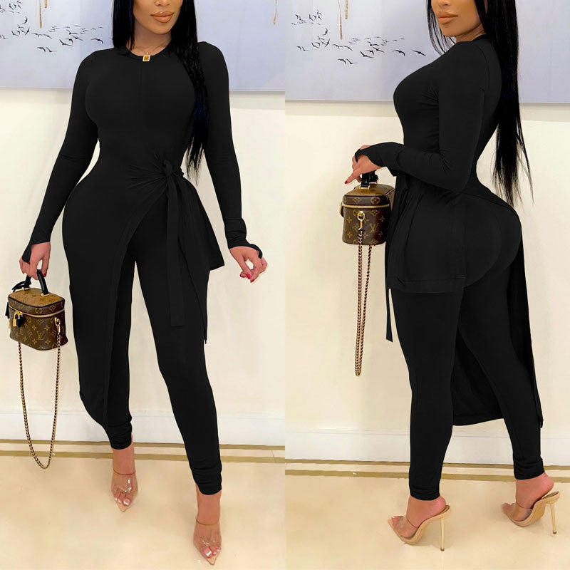 Solid Long Sleeve High Slit Top & Pants Set