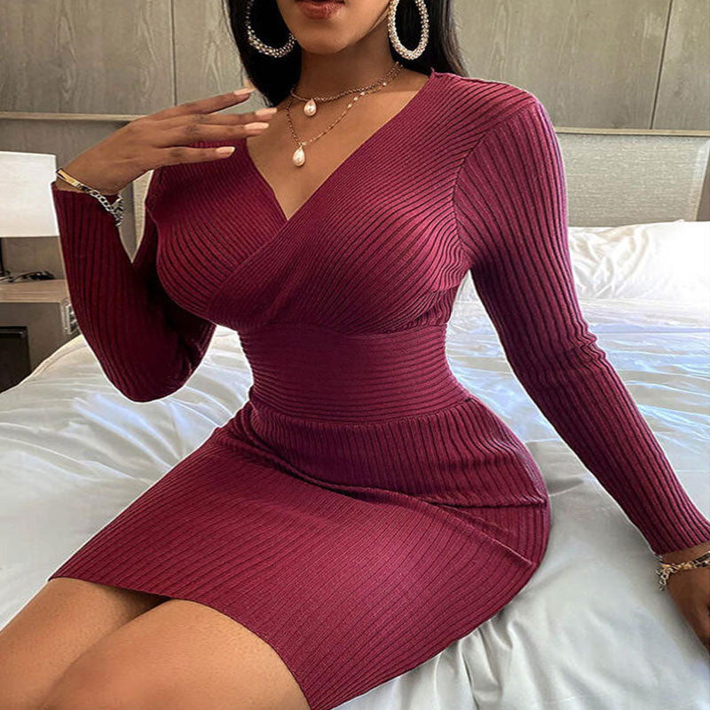 Solid Deep V-Neck Long Sleeve Ribbed Bodycon Dress