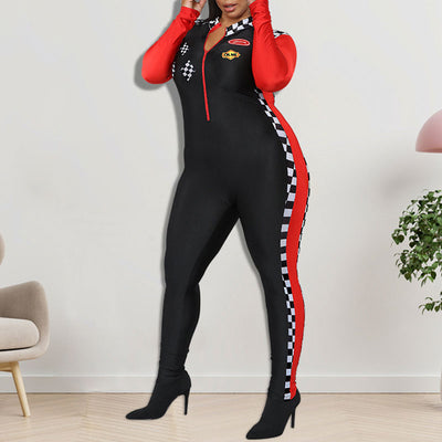 Colorblock Checkerboard Pattern Long Sleeve Jumpsuit