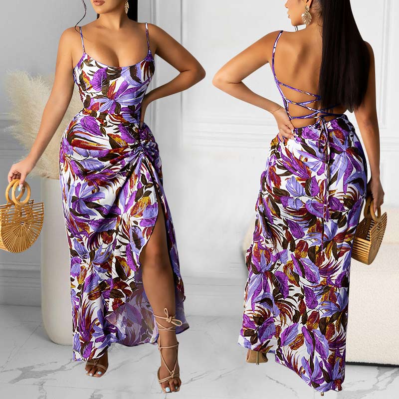 Leaf Pattern Backless Bandage High Slit Irregular Dress