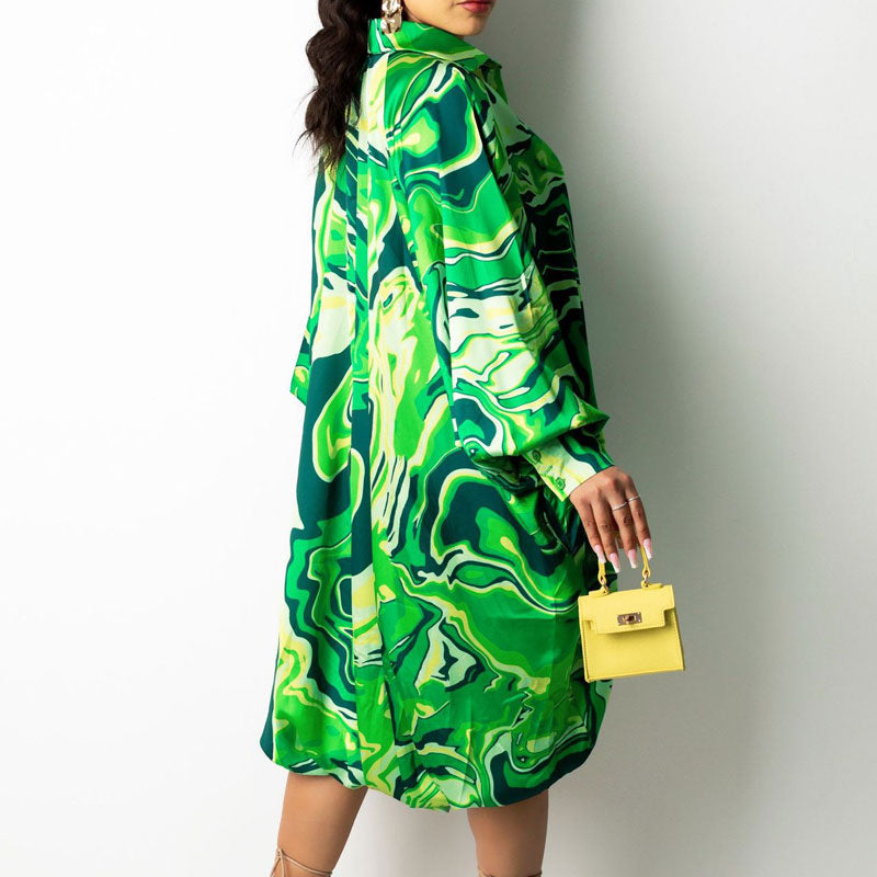 Print Long Sleeve Drawstring Casual Dress