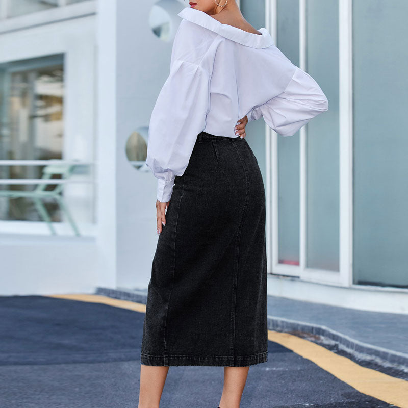 Solid High Waist Button Detailed Slit Denim Skirt