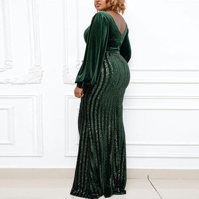 Sequins Lantern Sleeve High Slit Floor-Length Plus Size Dress