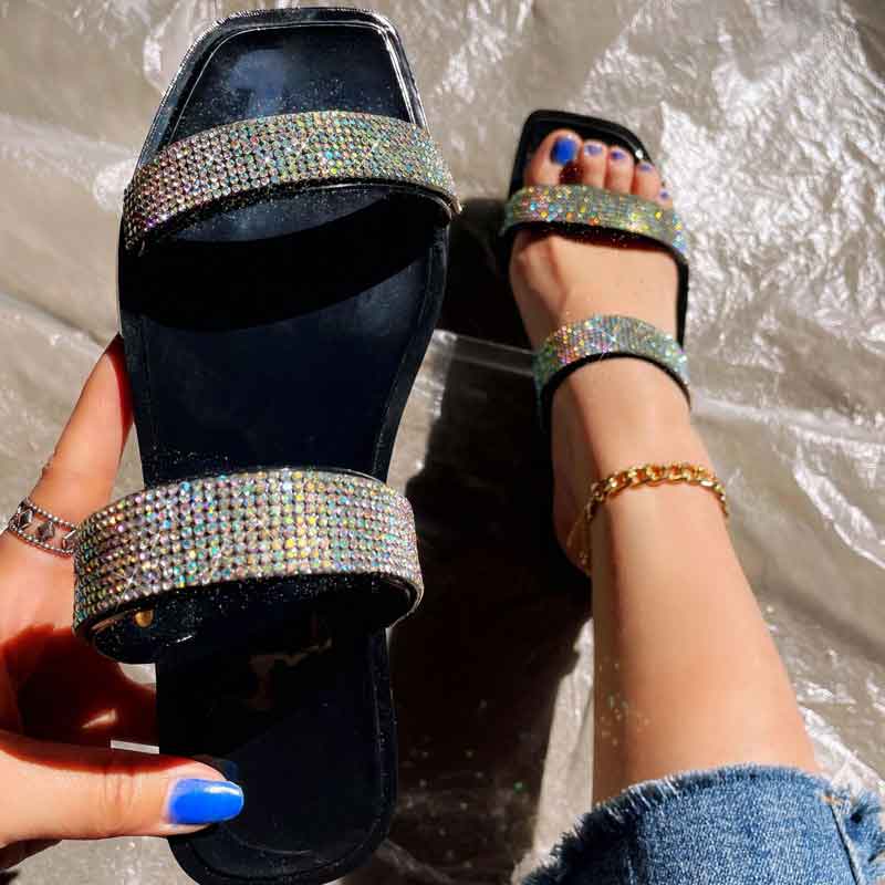 Rhinestone Square Toe Double Strap Flat Sandals