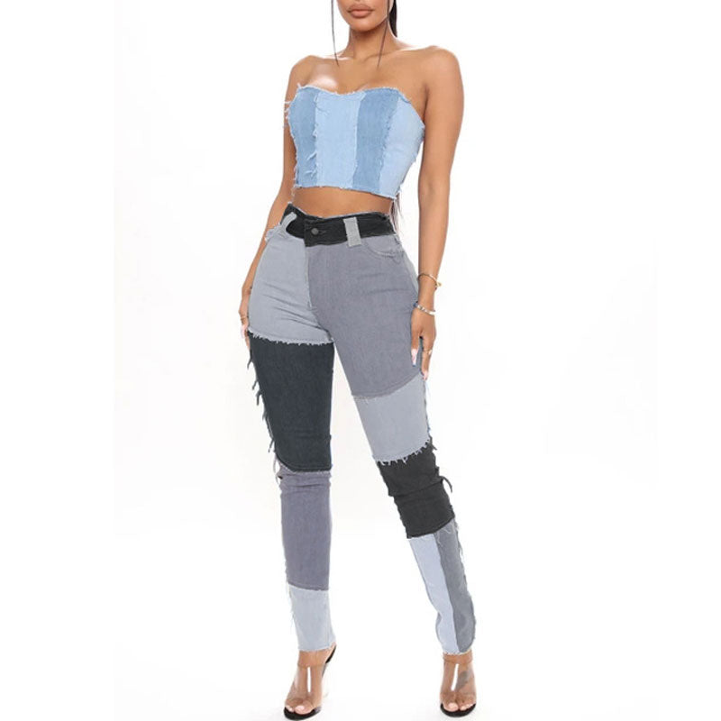 Colorblock High Waist Patchwork Skinny Denim Pants