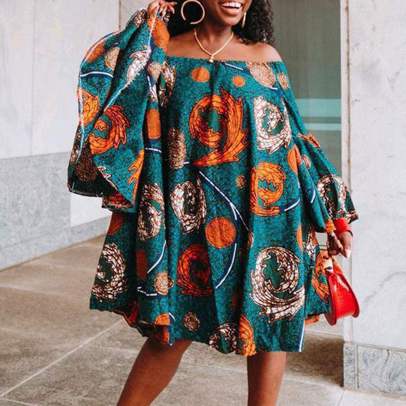 Print Off  Shoulder Flared Sleeve Loose Dress