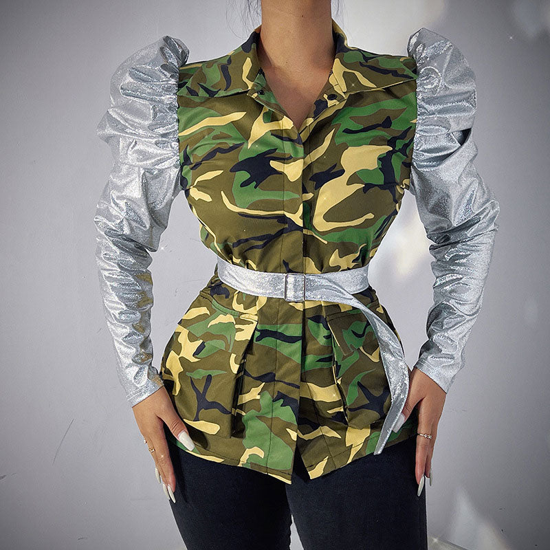 Glitter Camouflage Pattern Puff Sleeve Belted Coat