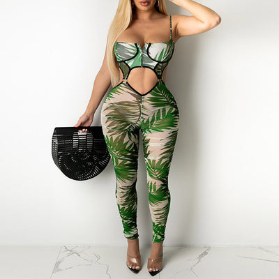 Leaf Pattern Backless Hollow Out Jumpsuit