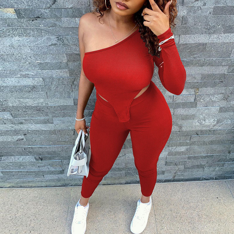 Solid One Shoulder Long Sleeve Crop Top & Pants Set