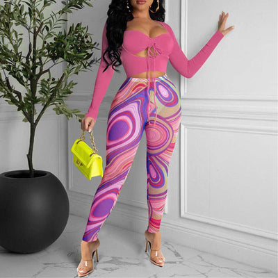 Solid Long Sleeve Cut Out Top & Print Pants Set