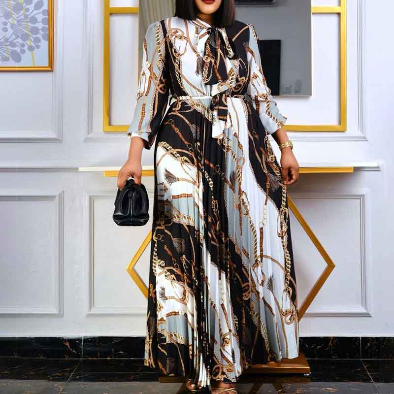 Print Long Sleeve Belted Pleated Shirt Maxi Dress