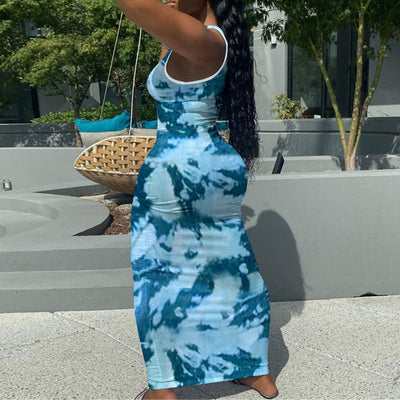 Tie Dye Print Sleeveless V-Neck Maxi Dress