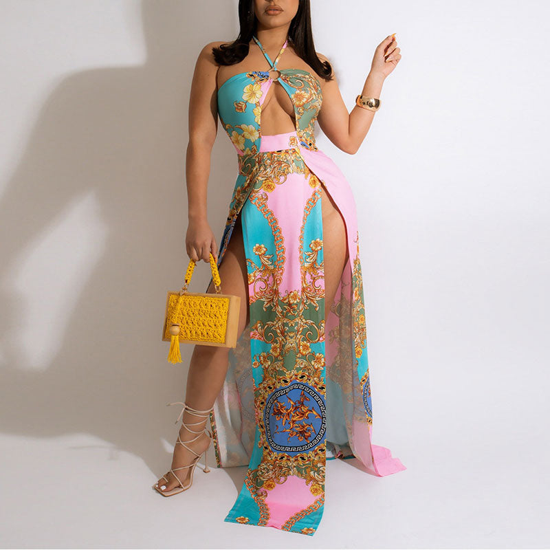 Print Halter Cut Out High Slit Maxi Dress