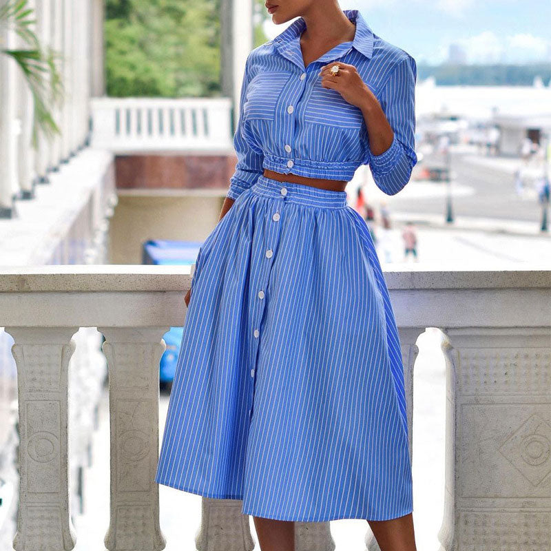 Striped Pattern Button Detailed Blouse & Skirt Set