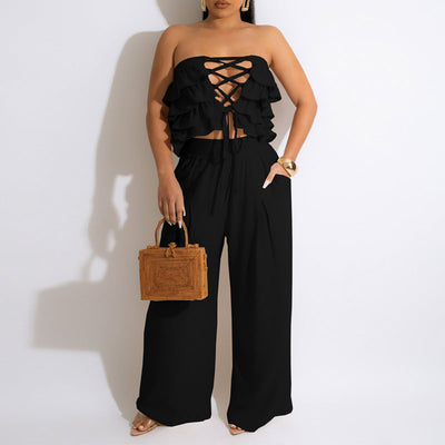 Solid Off Shoulder Lace Up Tube Top & Wide Leg Pants Set