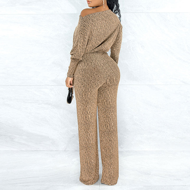 Solid Oblique Shoulder Long Sleeve Belted Jumpsuit