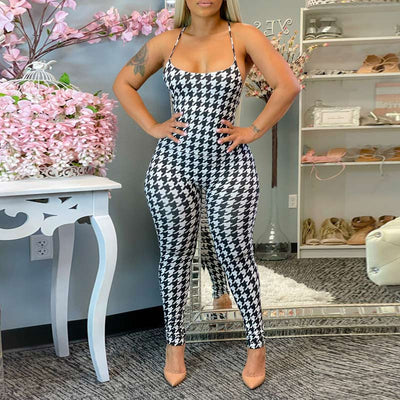 Houndstooth Print Sleeveless Spaghrtti Strap Jumpsuit