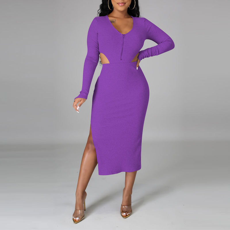 Solid V-Neck Long Sleeve Bodysuit & High Slit Skirt Set