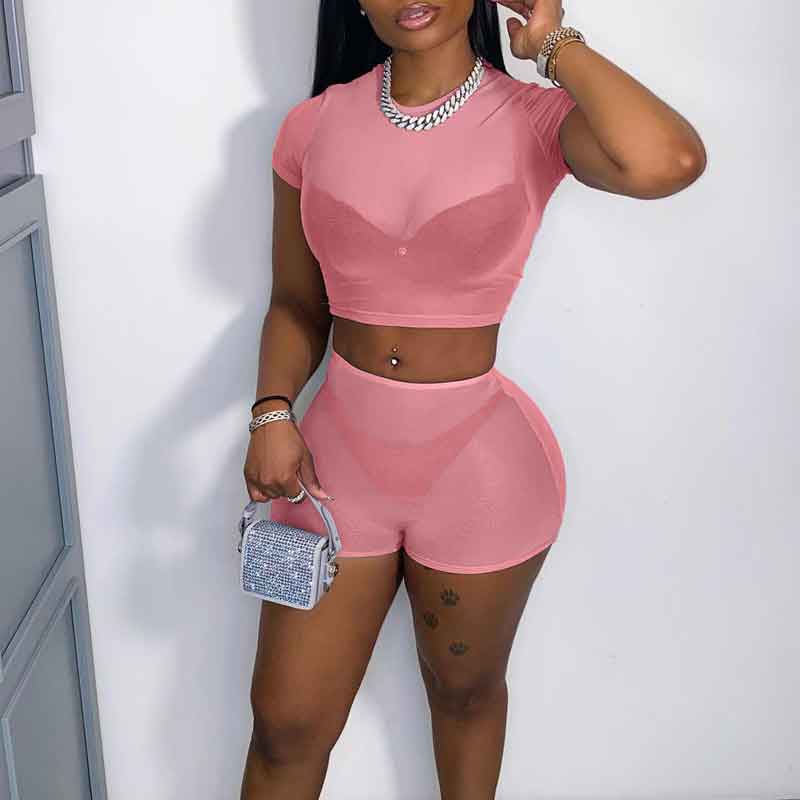 Solid Sheer Mesh 2PCS Shorts Set