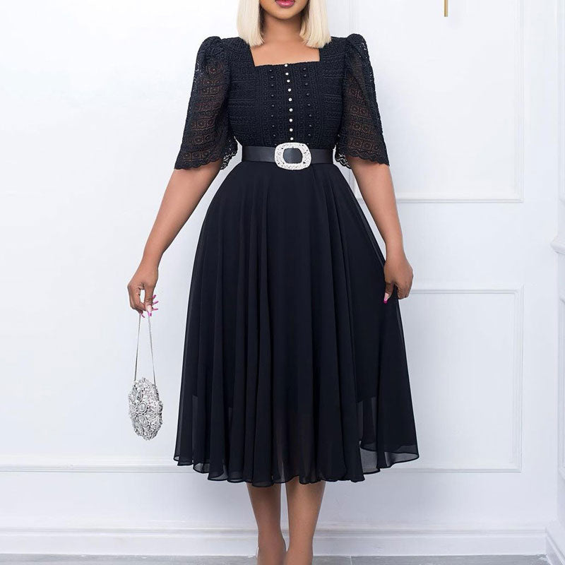 Beaded Square Neck Short Sleeve Pleated Chiffon Midi Dress