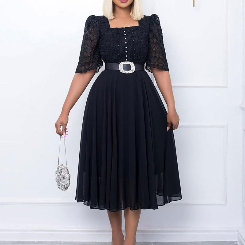 Beaded Square Neck Hollow Out Sleeve Chiffon Midi Dress