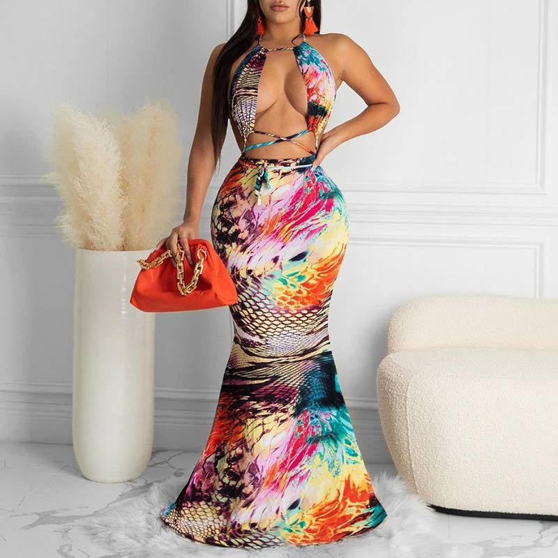 Print Halter Backless Cut Out Bandage Maxi Dress