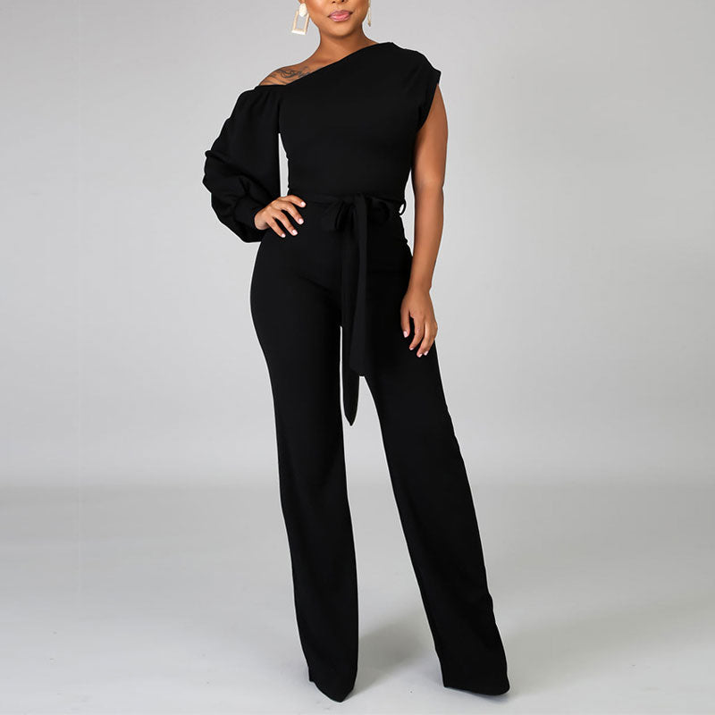 Solid One Shoulder Belted Wide Leg Jumpsuit