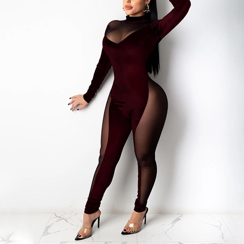 Solid Long Sleeve Sheer Mesh Jumpsuit