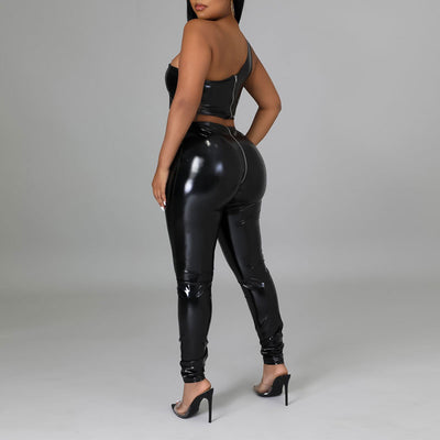 Solid One Shoulder PU Leather Tube Top & Zipper Design Pants Set