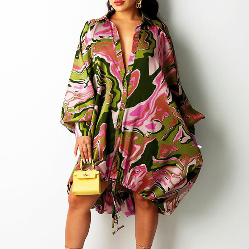 Print Long Sleeve Drawstring Casual Dress