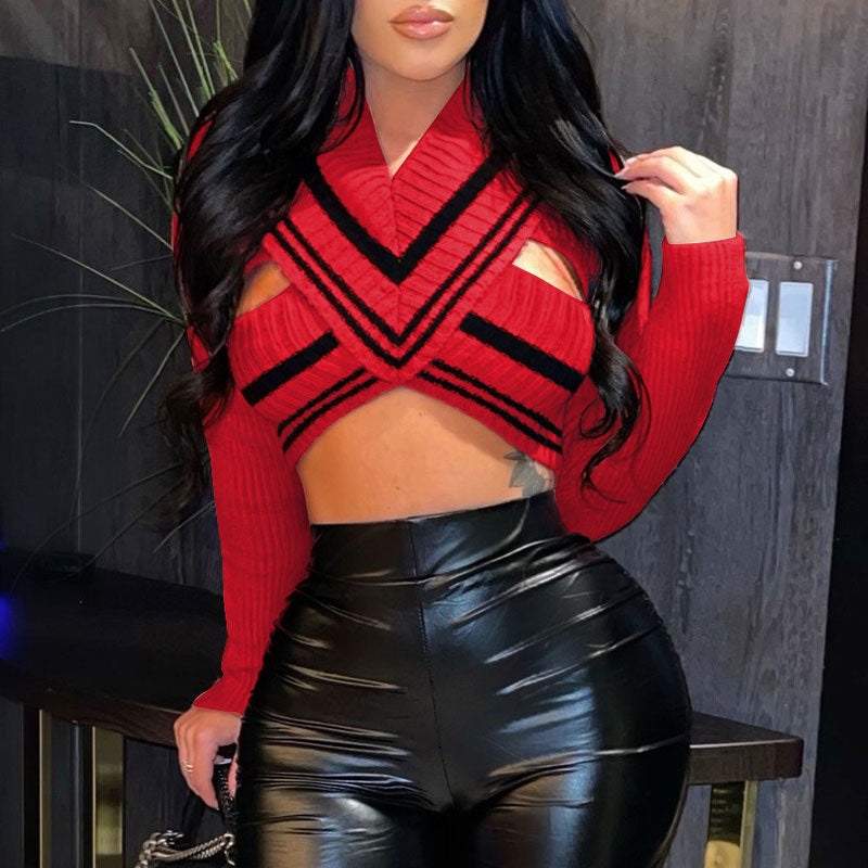 Colorblock V-Neck Long Sleeve Cut Out Knitted Crop Top