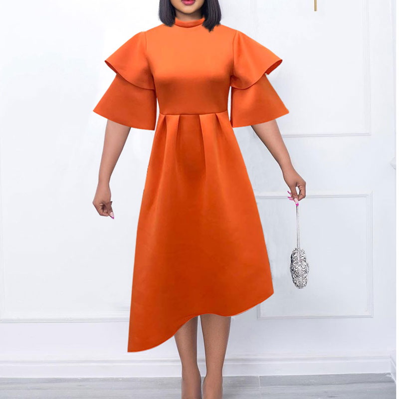 Solid Ruffles Layered Sleeve Asymmetrical Midi Dress